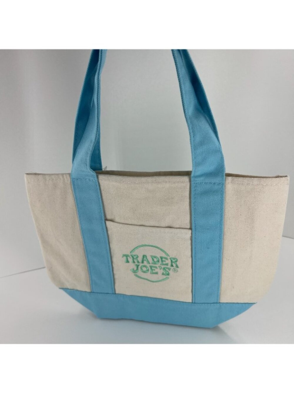 Trader Joes Mini Pastel Canvas Tote Bag Women Grocery Shopper Handbag Blue Beige - Picture 4 of 12